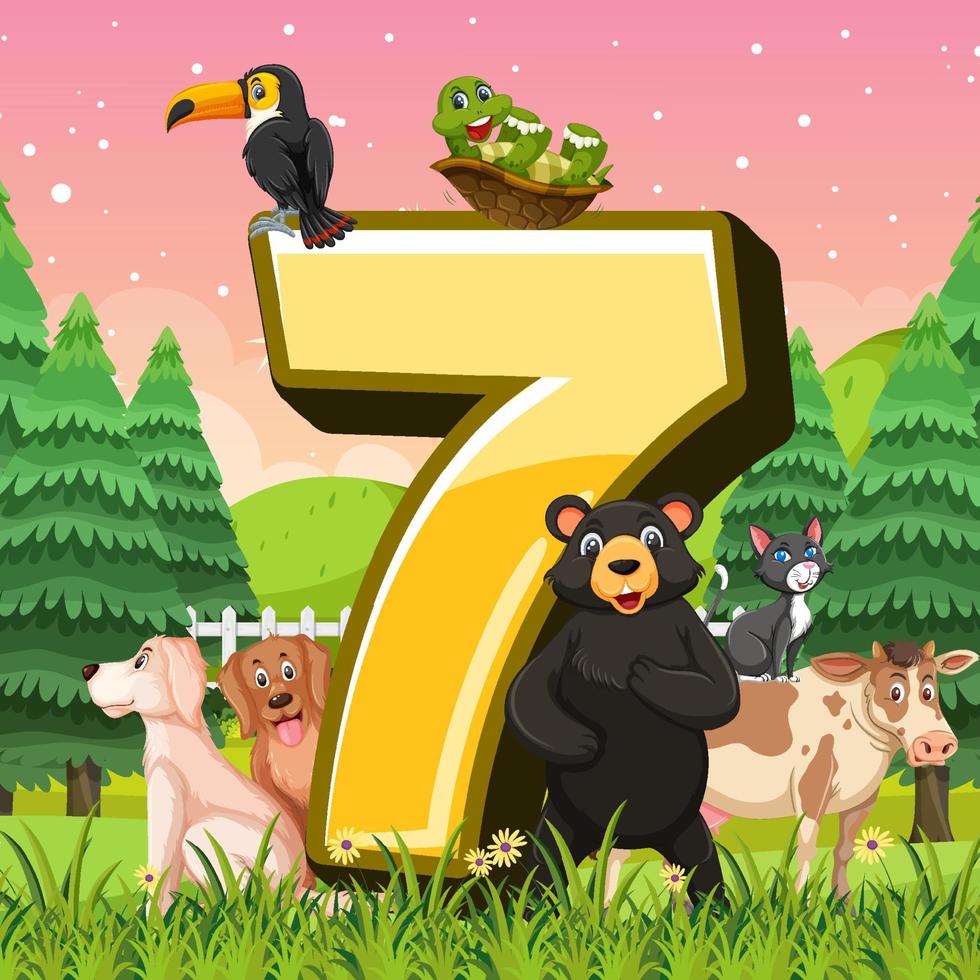 Different seven animals attached to number seven vector