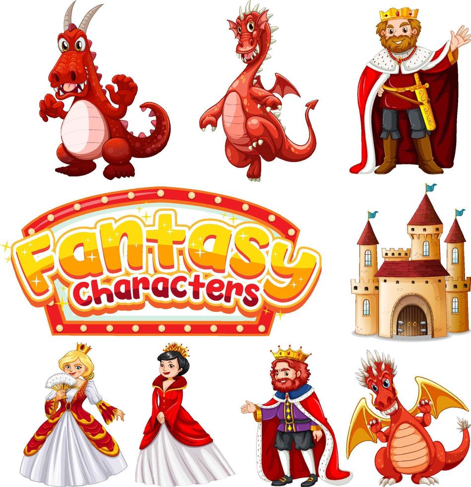 Set of dragon and fairy tale cartoon characters vector