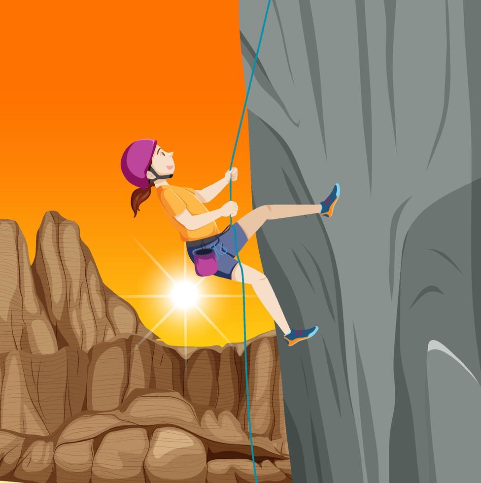 Rock climber on cliff at sunset time vector