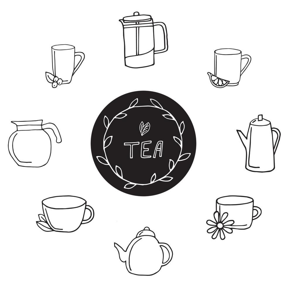 tea set with mugs and teapots vector