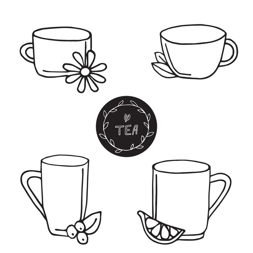 juego de tazas de té en estilo garabato vector