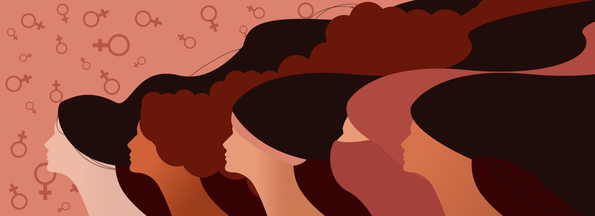 día Internacional de la Mujer. ilustración vectorial de cinco felices sonrientes mujeres diversas de pie juntas. vector