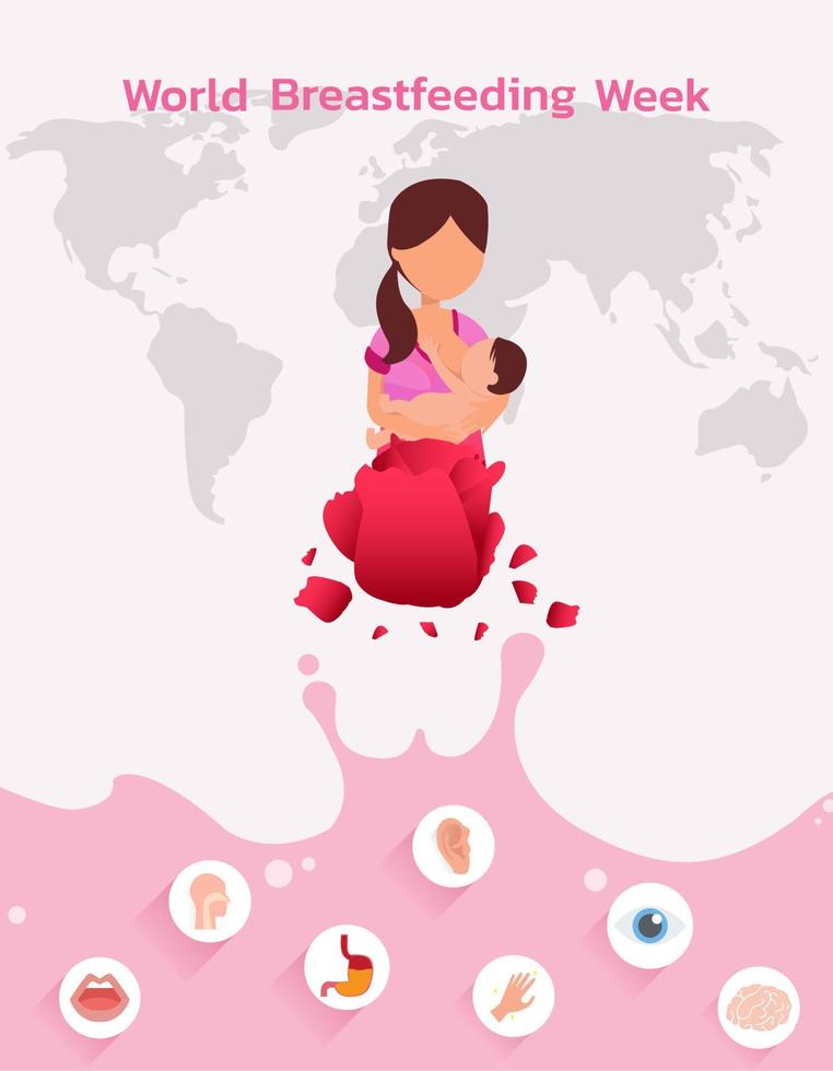 World Breastfeeding Week, 1-7 August. banner, mother day clip art. Child drinks milk from the female breast. vector