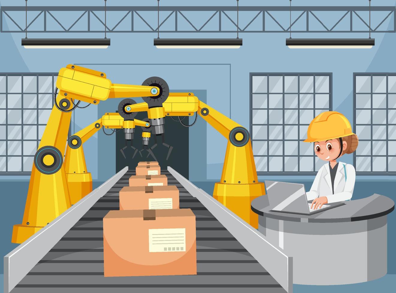 Automation industry concept with assembly line robots vector