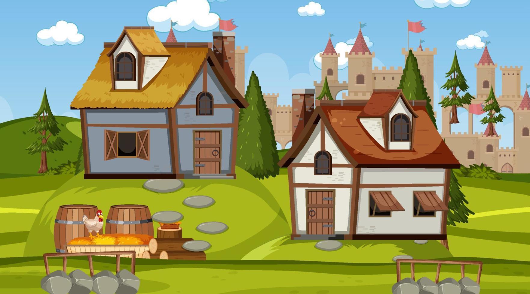 Medieval town scene with villagers vector