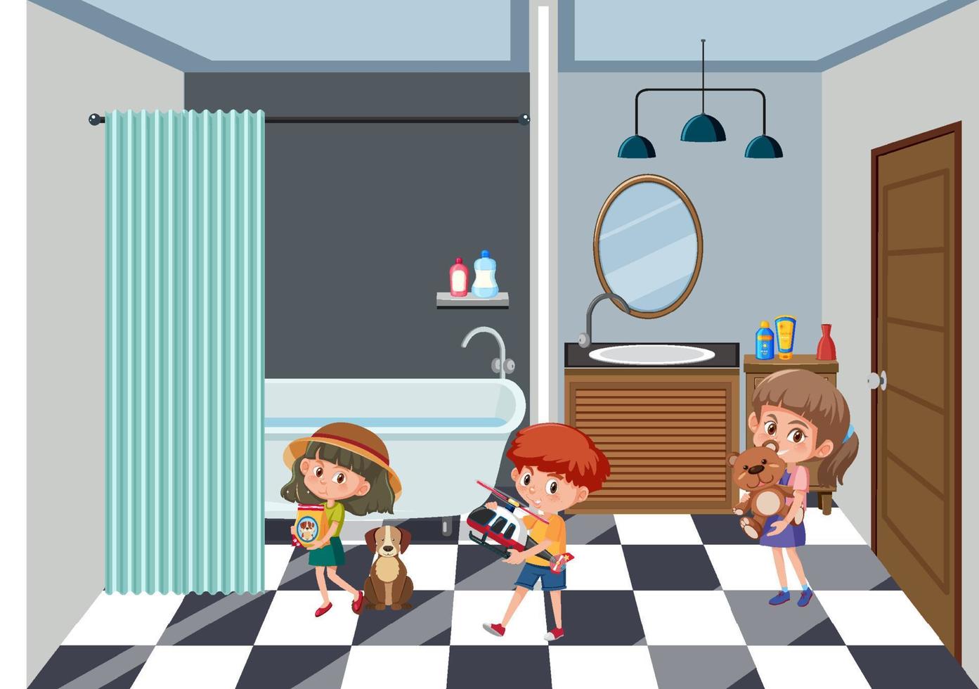 baño con niños sosteniendo sus juguetes vector