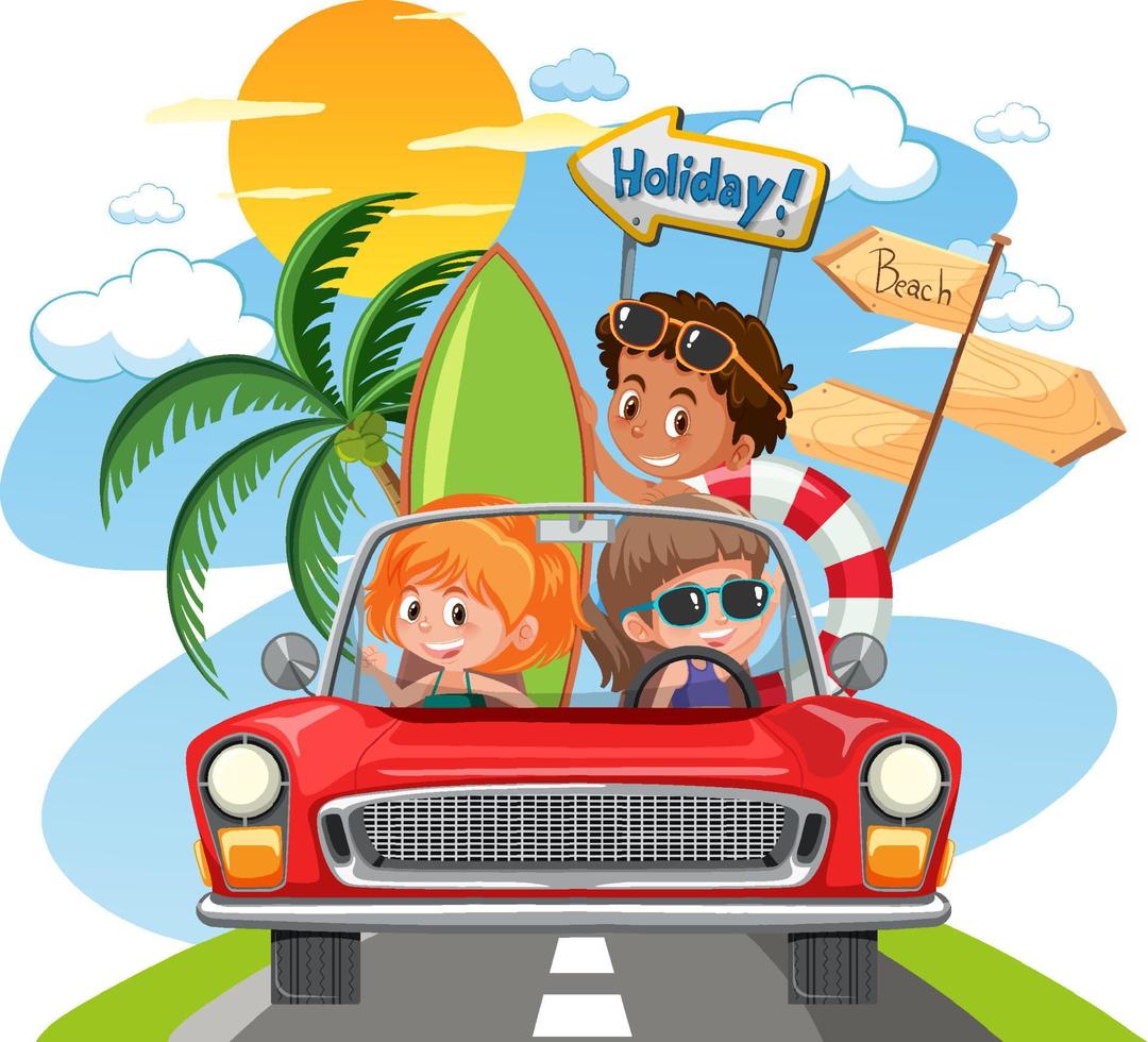niños en coche clásico con tema de vacaciones vector