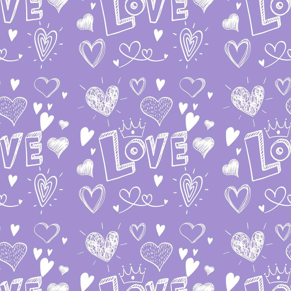 Seamless doodle heart and love word pattern vector