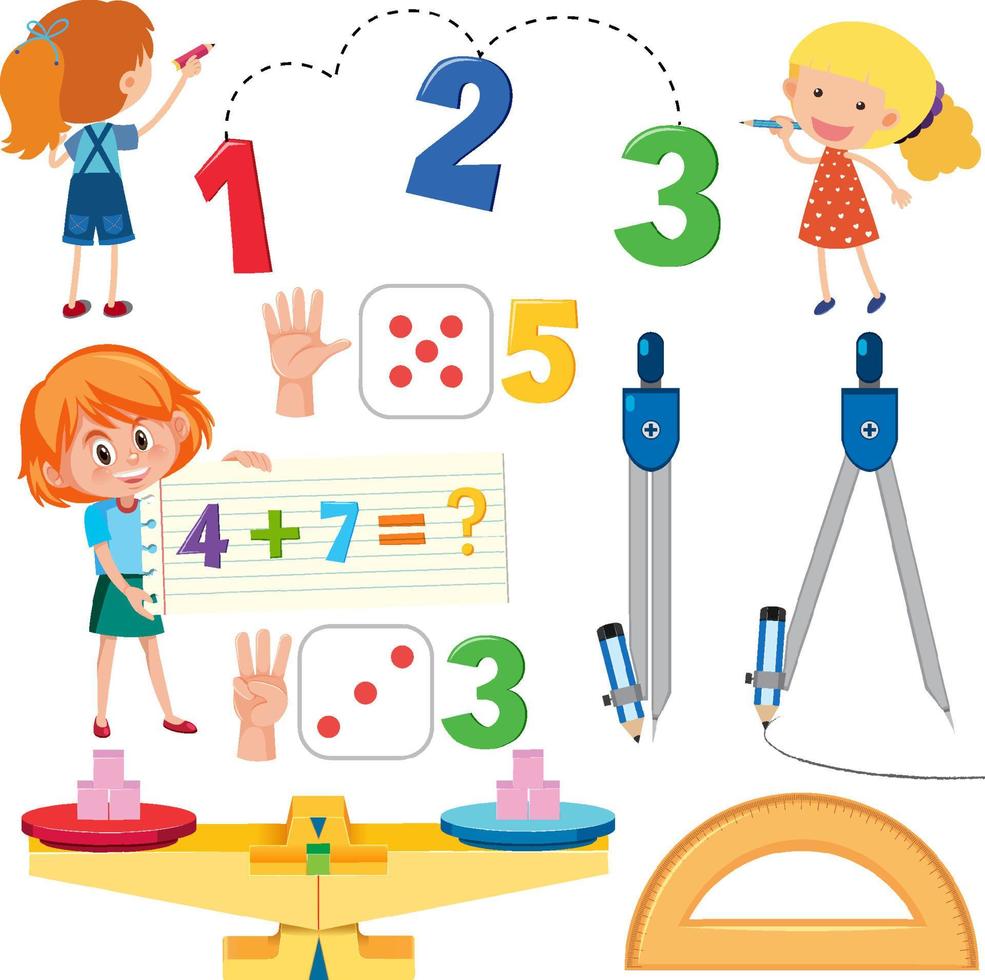 Math classroom objects with supplies and students vector