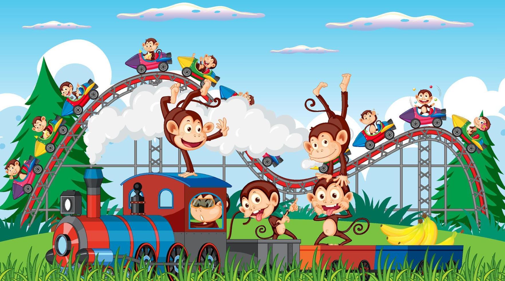 paseo en tren con monos en el parque vector