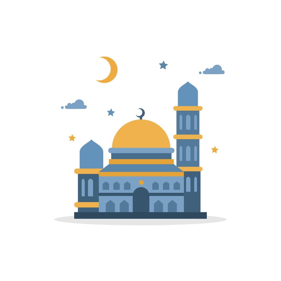 ramadán mezquita azul amarillo moderno diseño plano premium vector