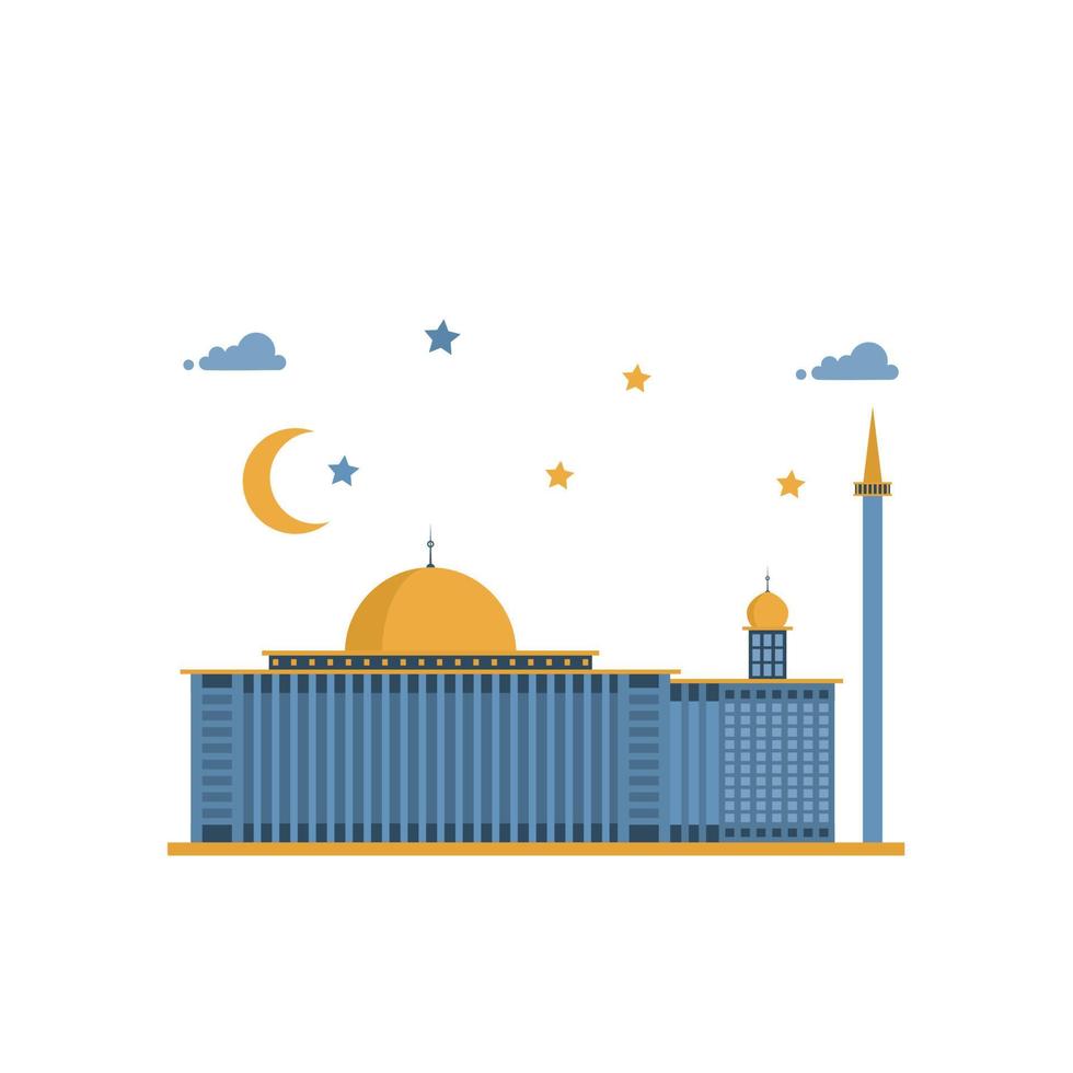 ramadán mezquita azul amarillo moderno diseño plano premium vector