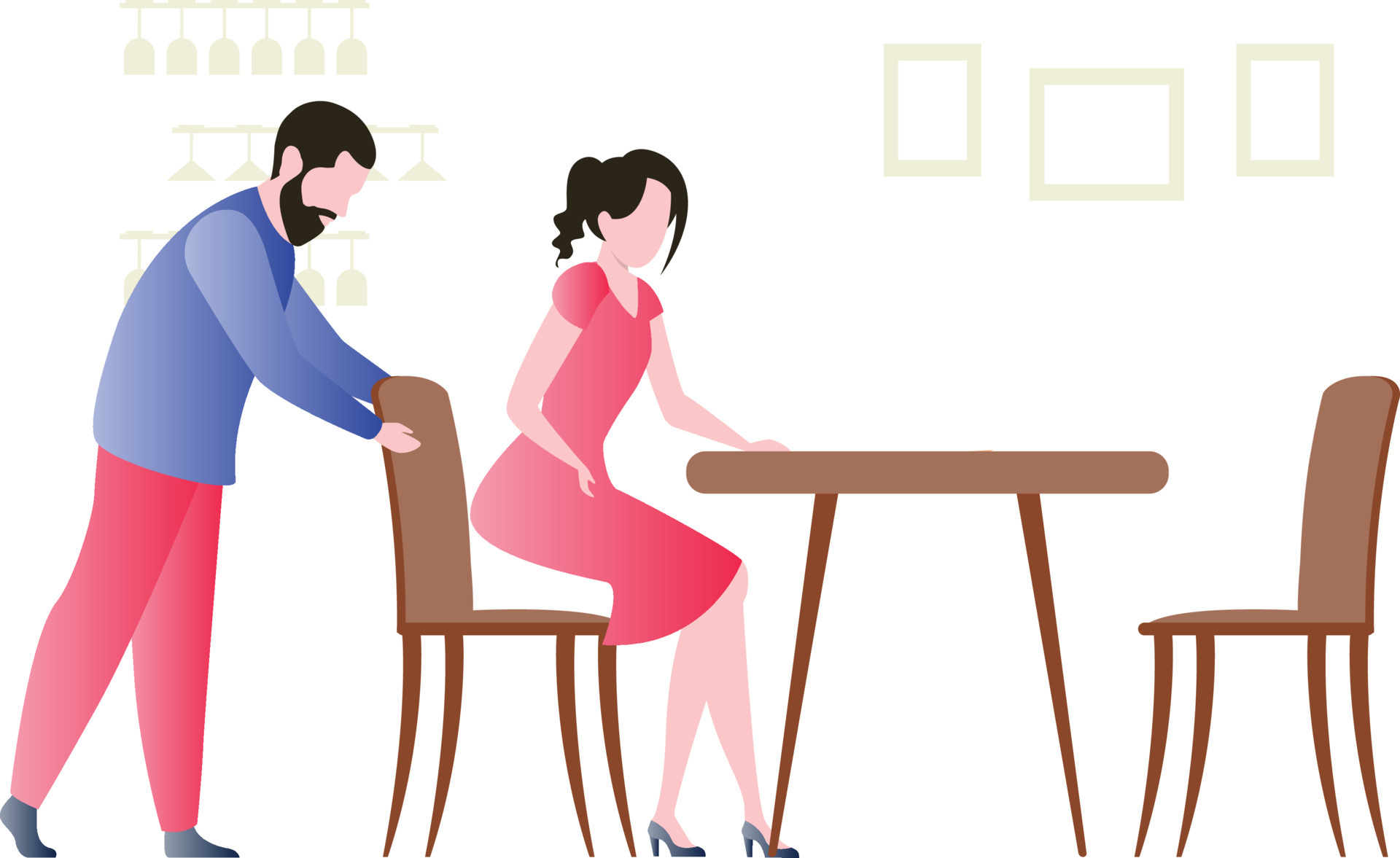 The boy is pulling back the chair for the girl to sit on. 7011906