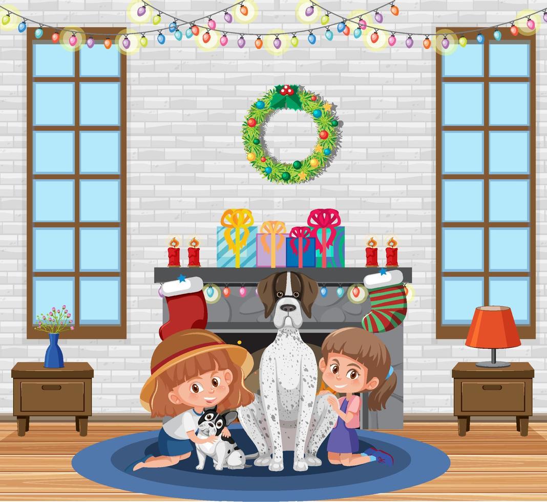 Children with their dogs in the house vector