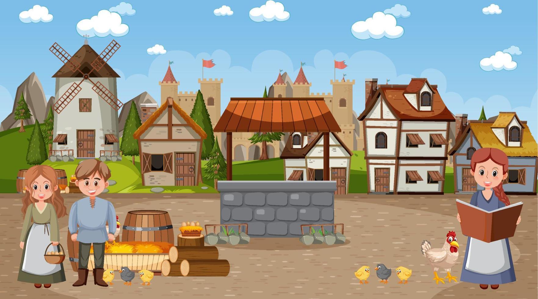 Medieval town scene with villagers vector