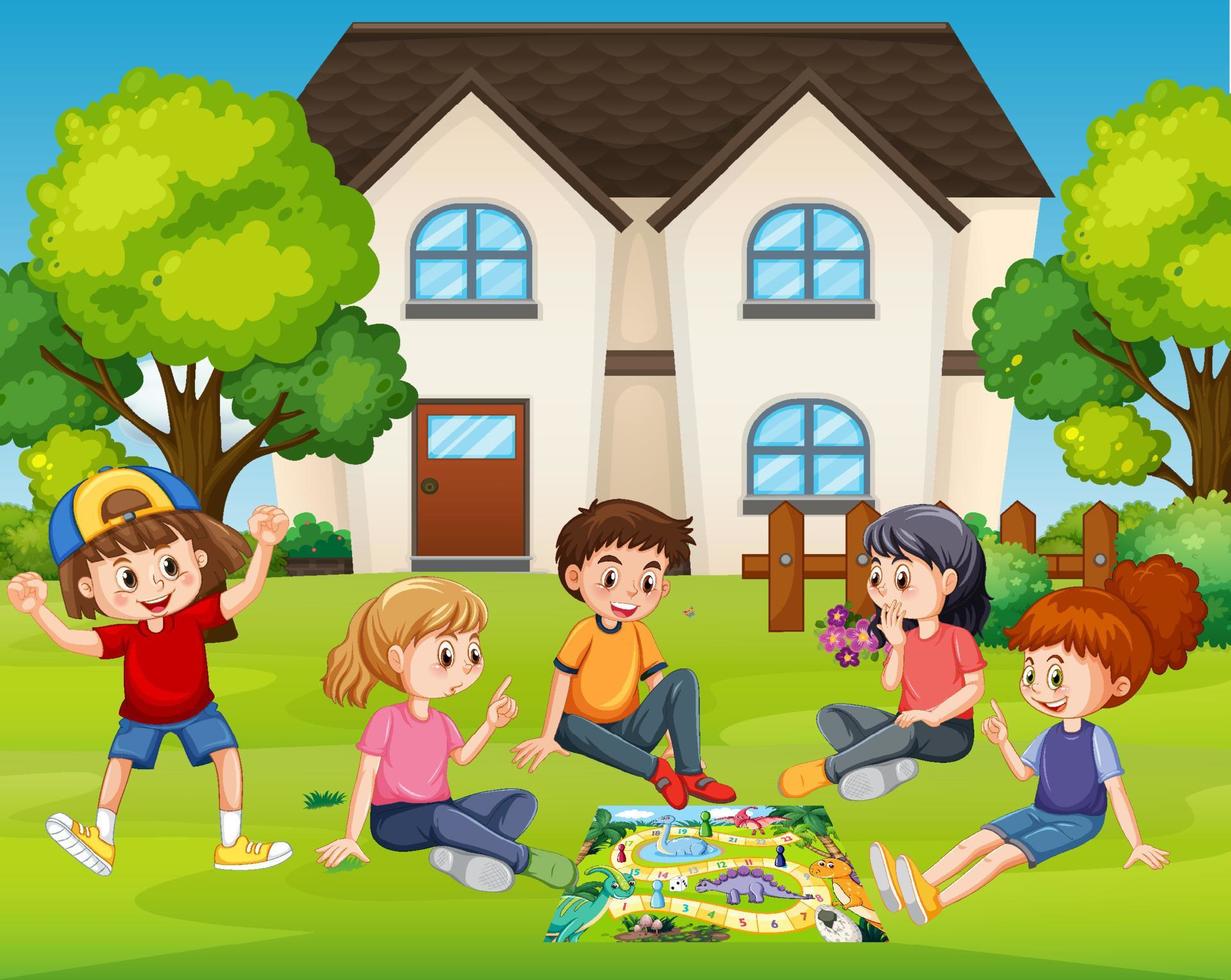 Children playing games outside the house vector