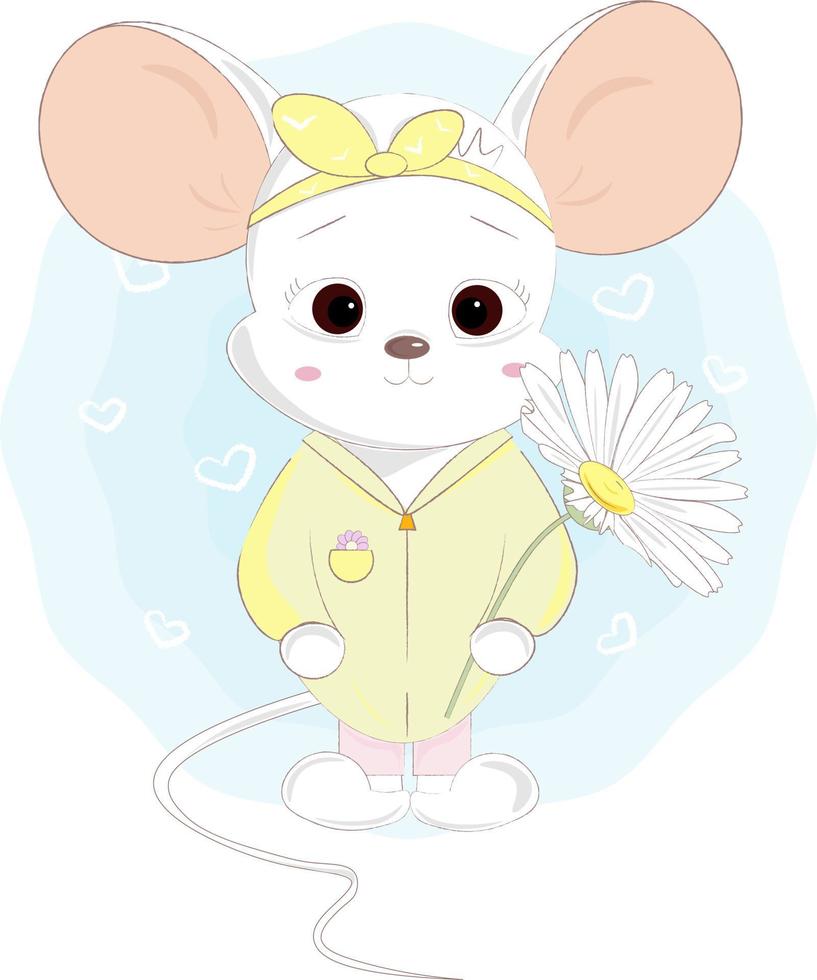 Cute white mouse with chamomile vector