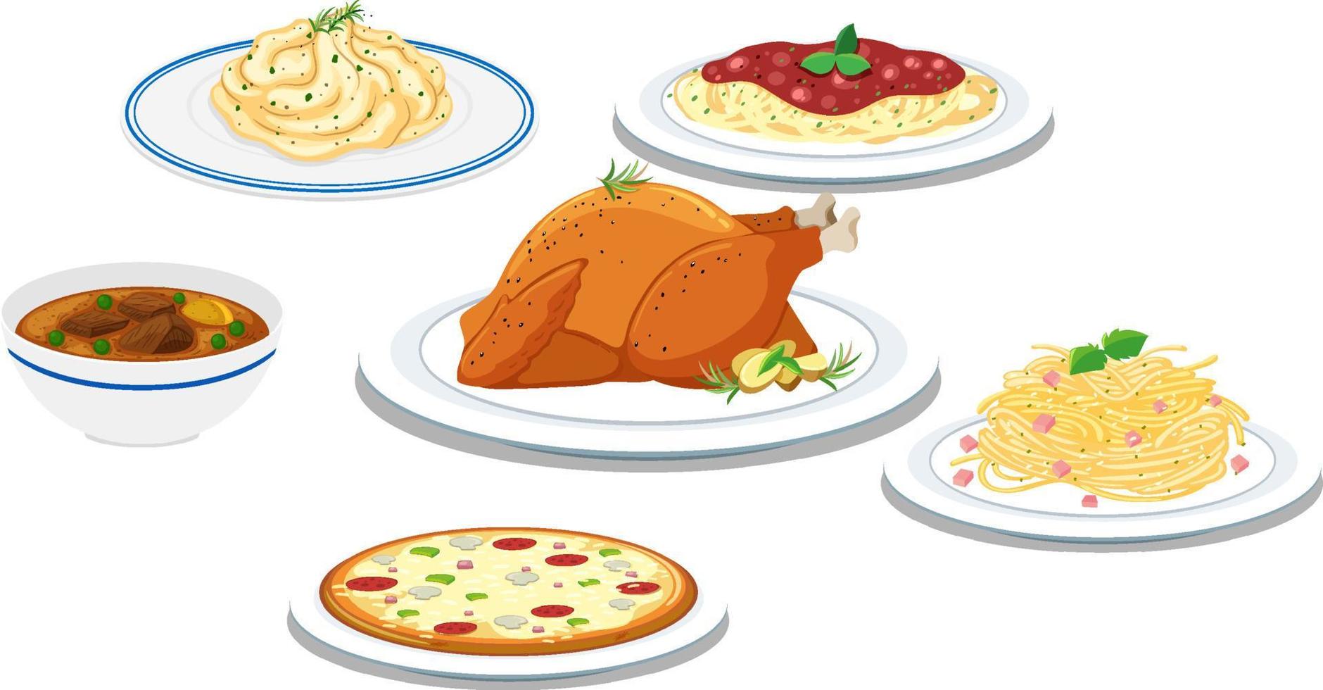 Set of various foods on white background vector
