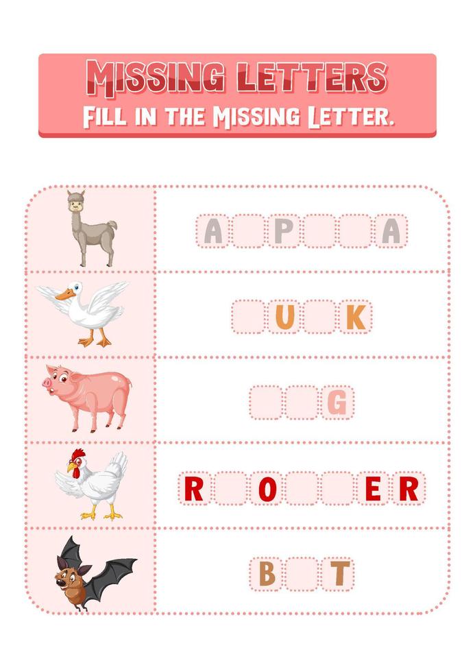Fill the missing letter of each word worksheet for children vector