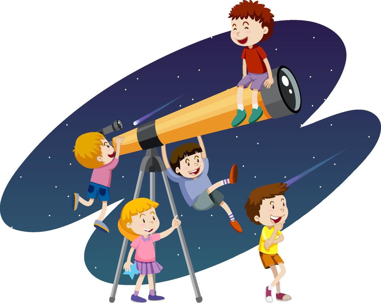 Astronomy theme with kids looking at telescope vector