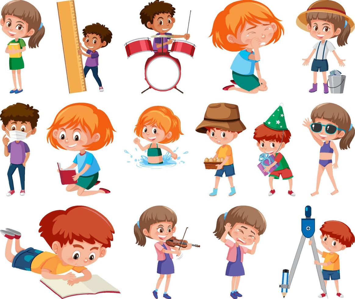 Set of children doing different activities on white background vector