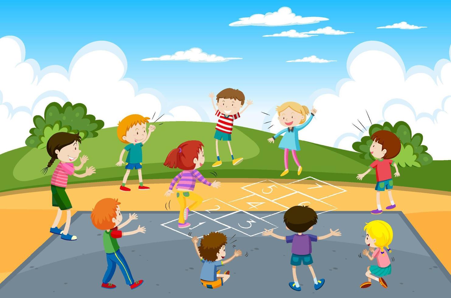 Children playing hopscotch game at the park vector