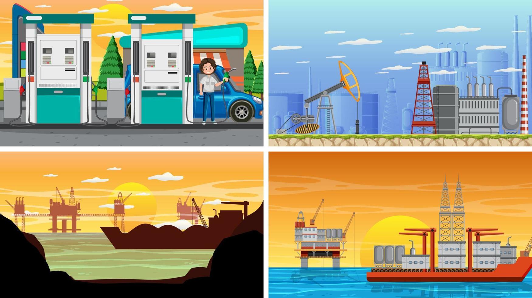 Set of oil petrol and gas relevant scene vector