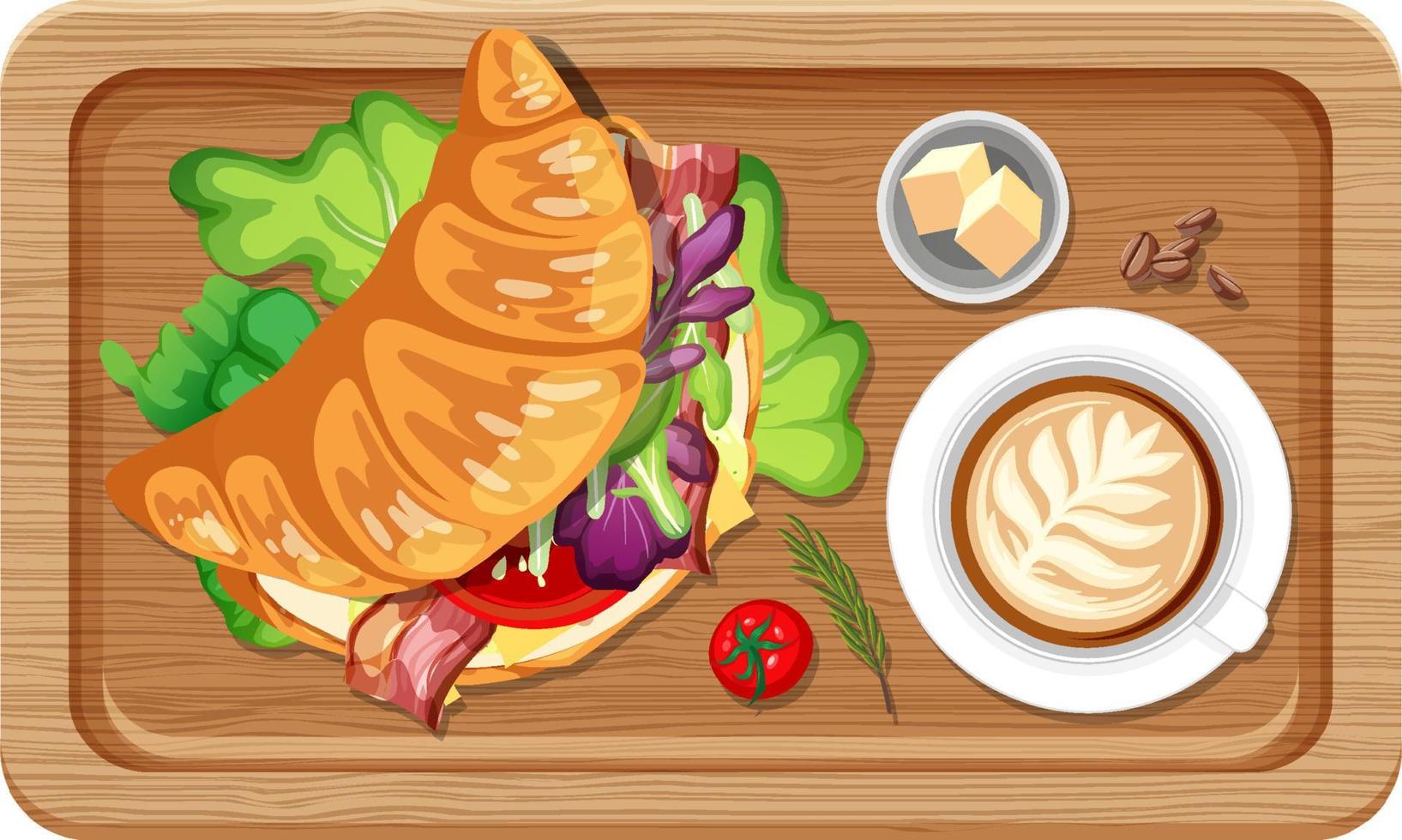 Top view of breakfast on a wooden tray vector