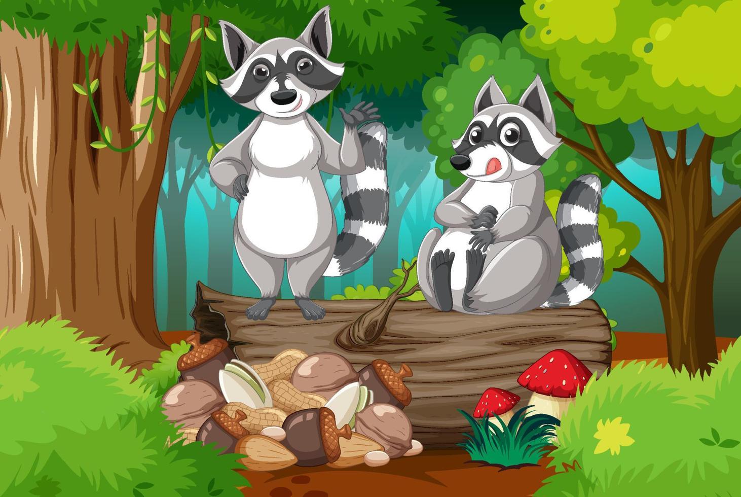 Two raccoons and pile of nuts in forest vector