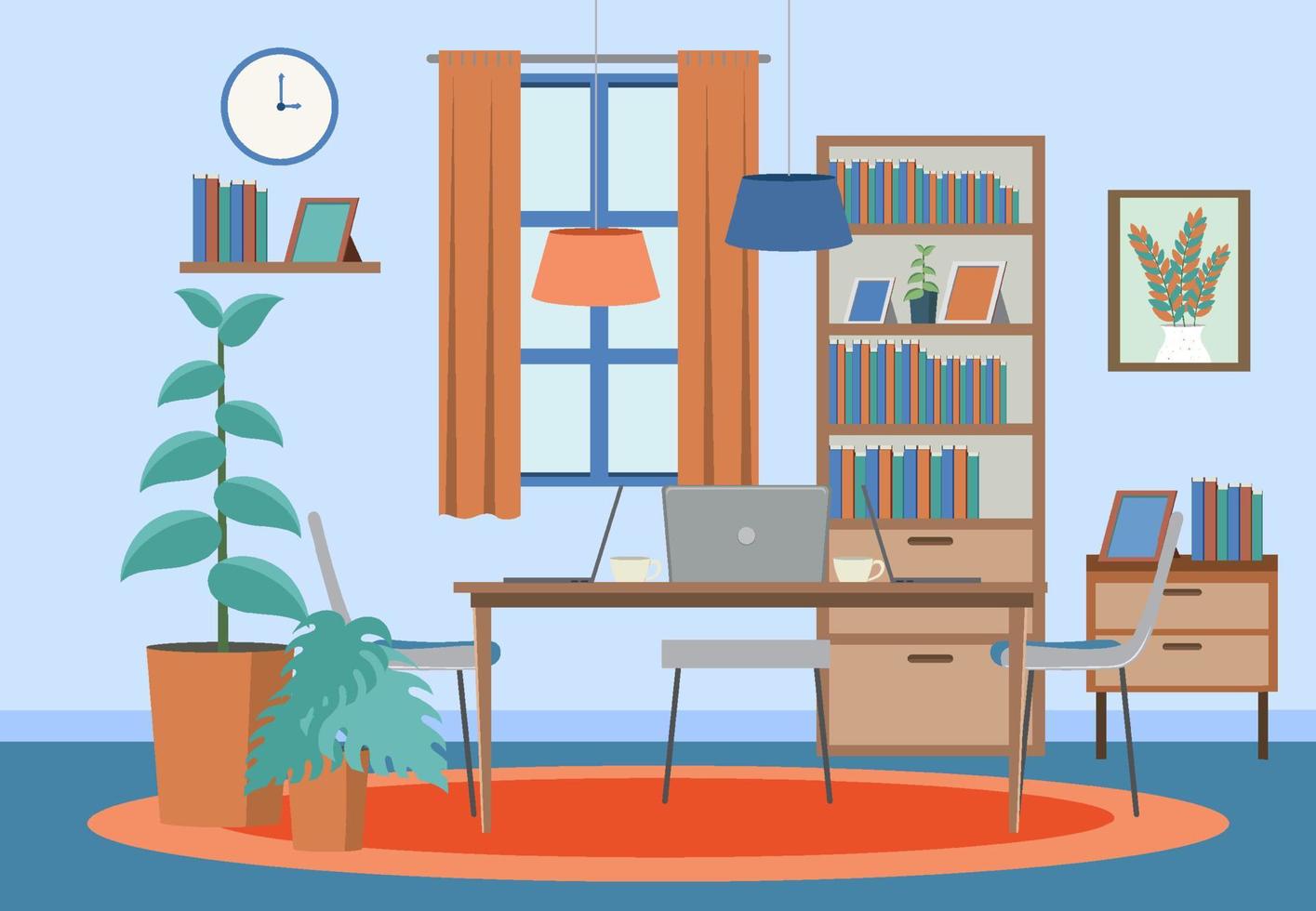 Room with computer laptop on the table vector