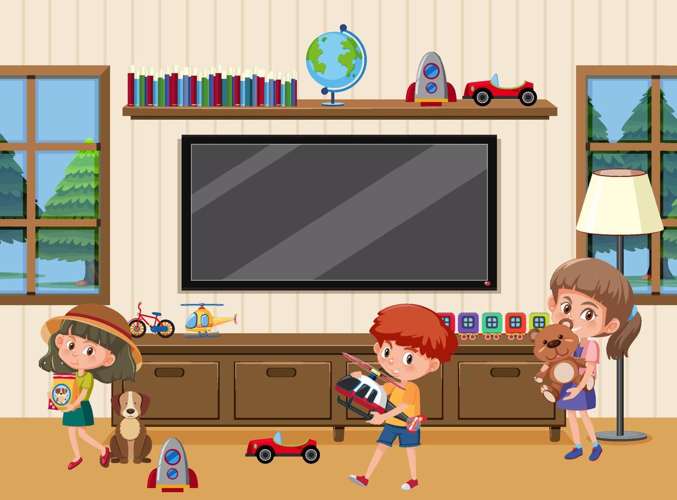 Living room scene with children cartoon character vector