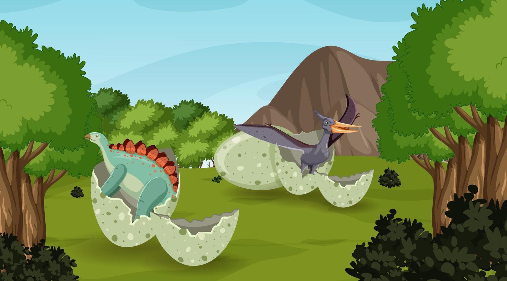 dinosaurio en la escena del bosque prehistórico vector