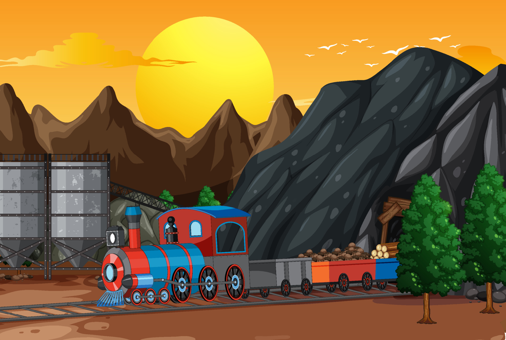 Outdoor scene with a steam locomotive train 7012518 Vector Art at Vecteezy