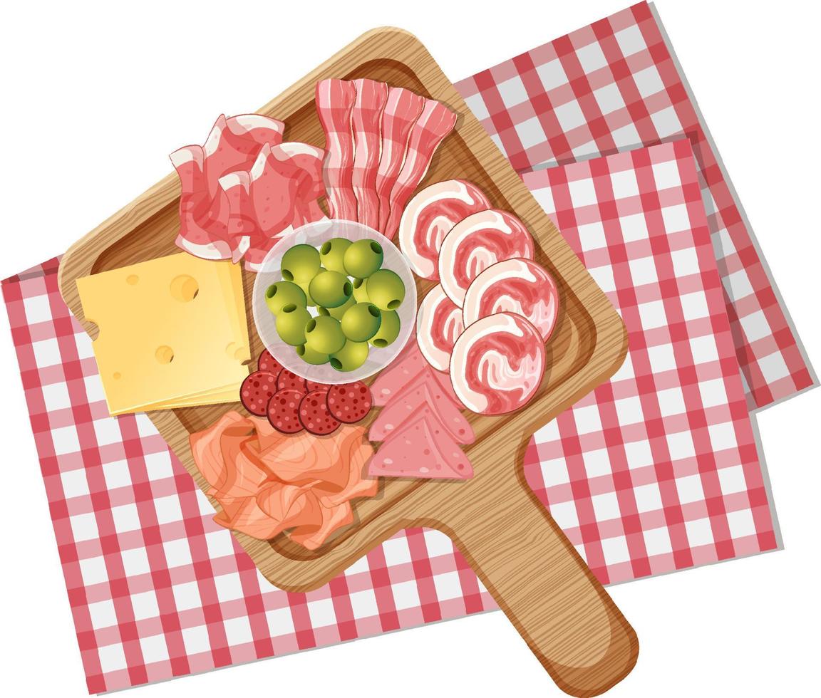 Top view of lunch meat on a wooden tray vector