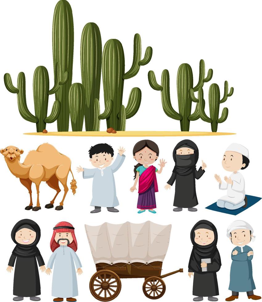 Arabic people and cactus plants vector