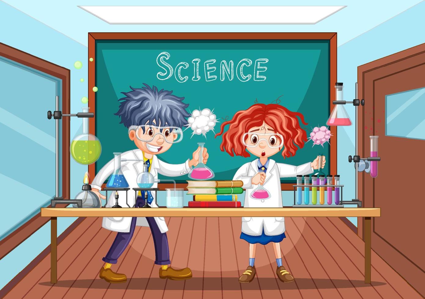 Classroom scene with scientist doing experiment vector