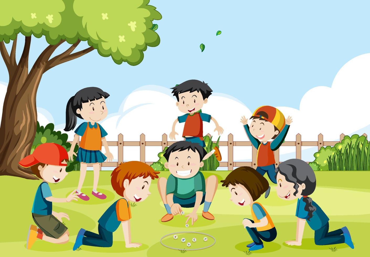 Outdoor park with children playing marbles vector