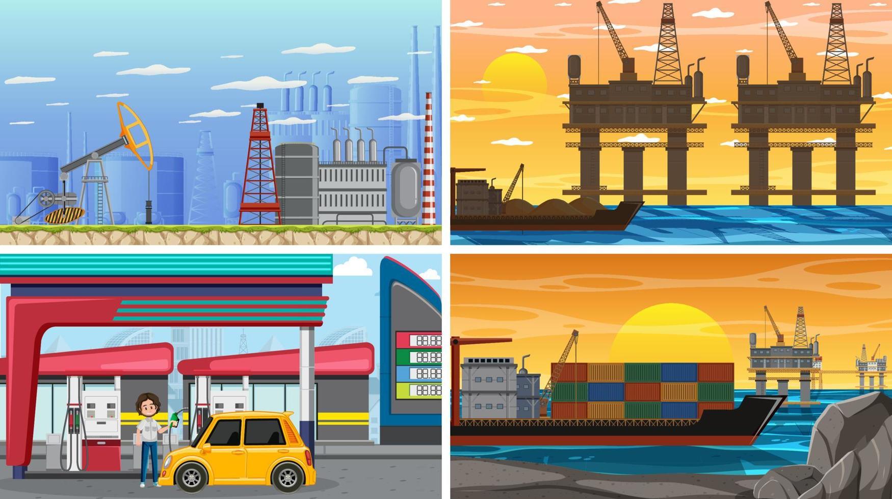 Set of oil petrol and gas relevant scene vector