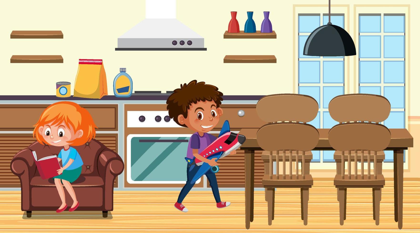 escena de la cocina con un niño sosteniendo su helicóptero de juguete vector