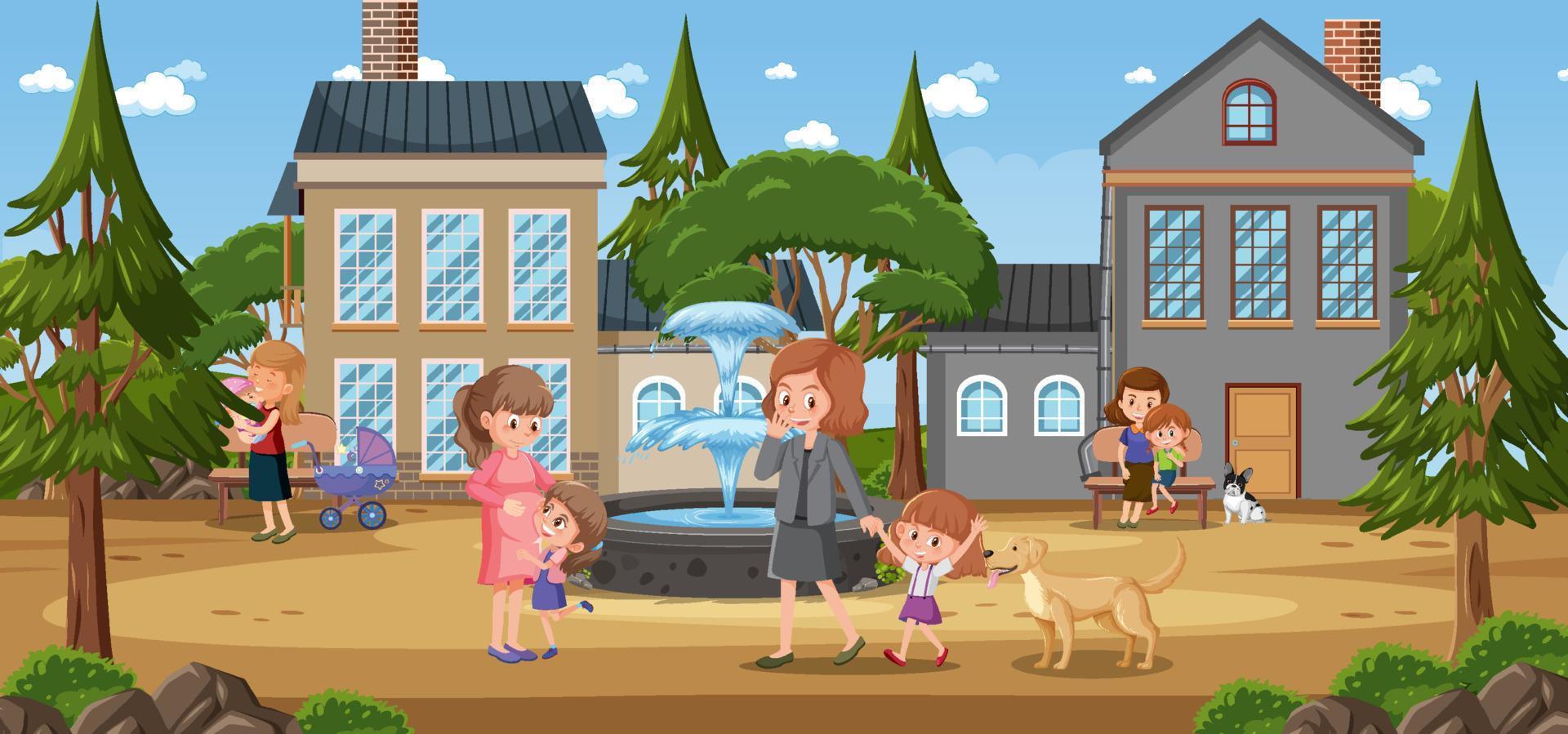 Park scene with many people cartoon vector