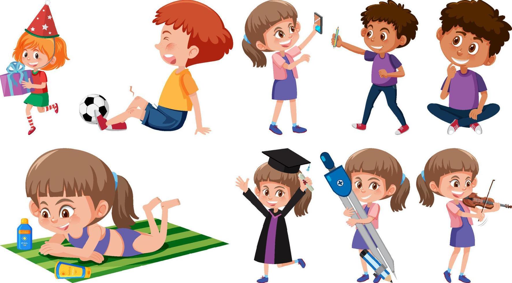 Set of children doing different activities on white background vector