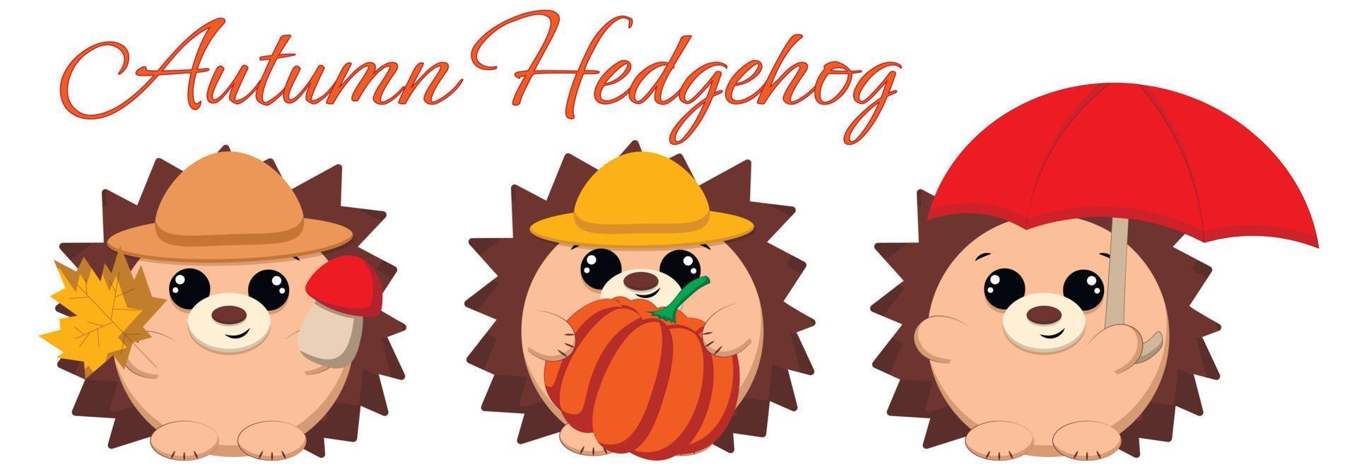 Mini set with cute cartoon autumn hedgehog. vector