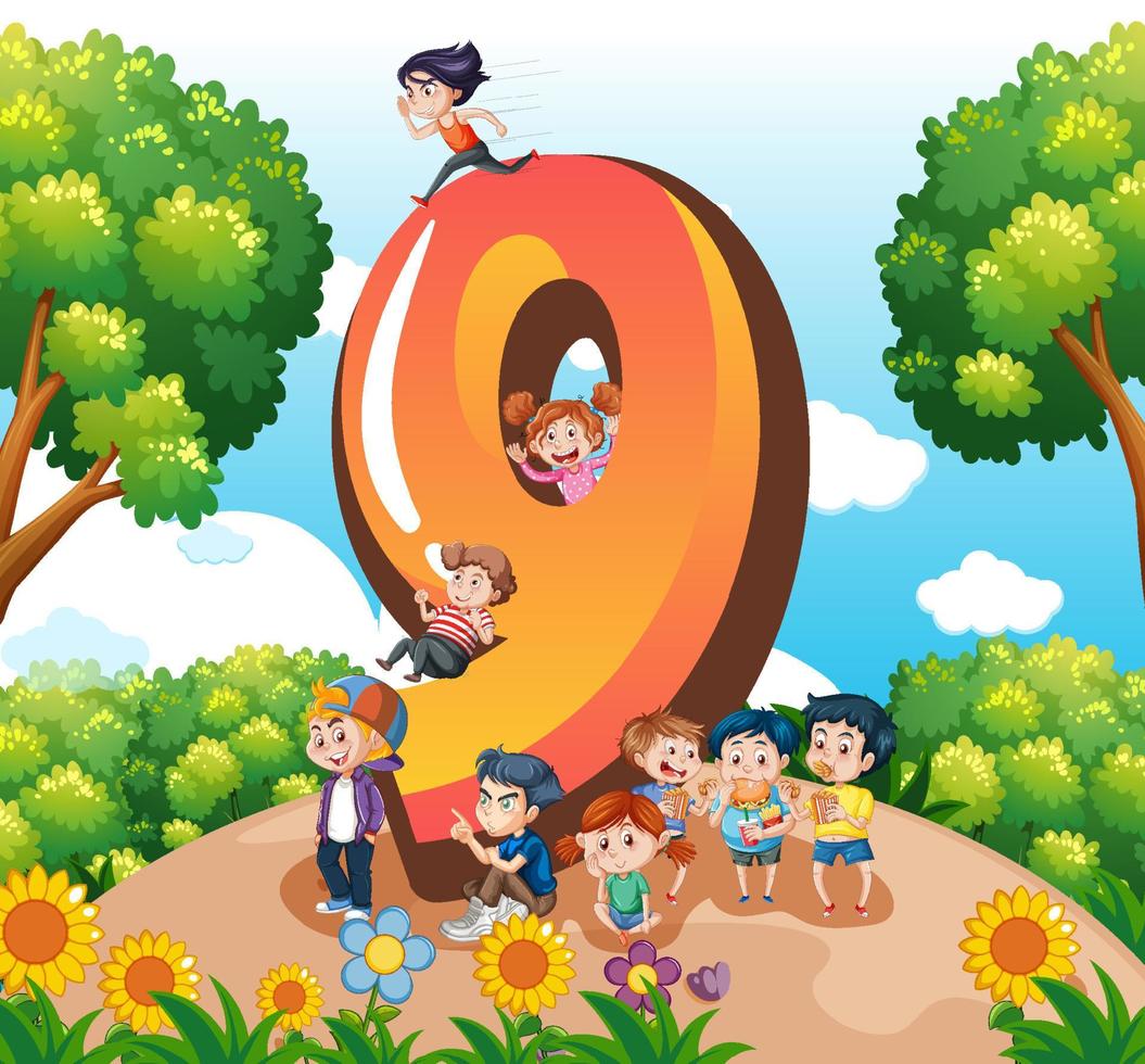 nueve niños con dibujos animados número nueve vector