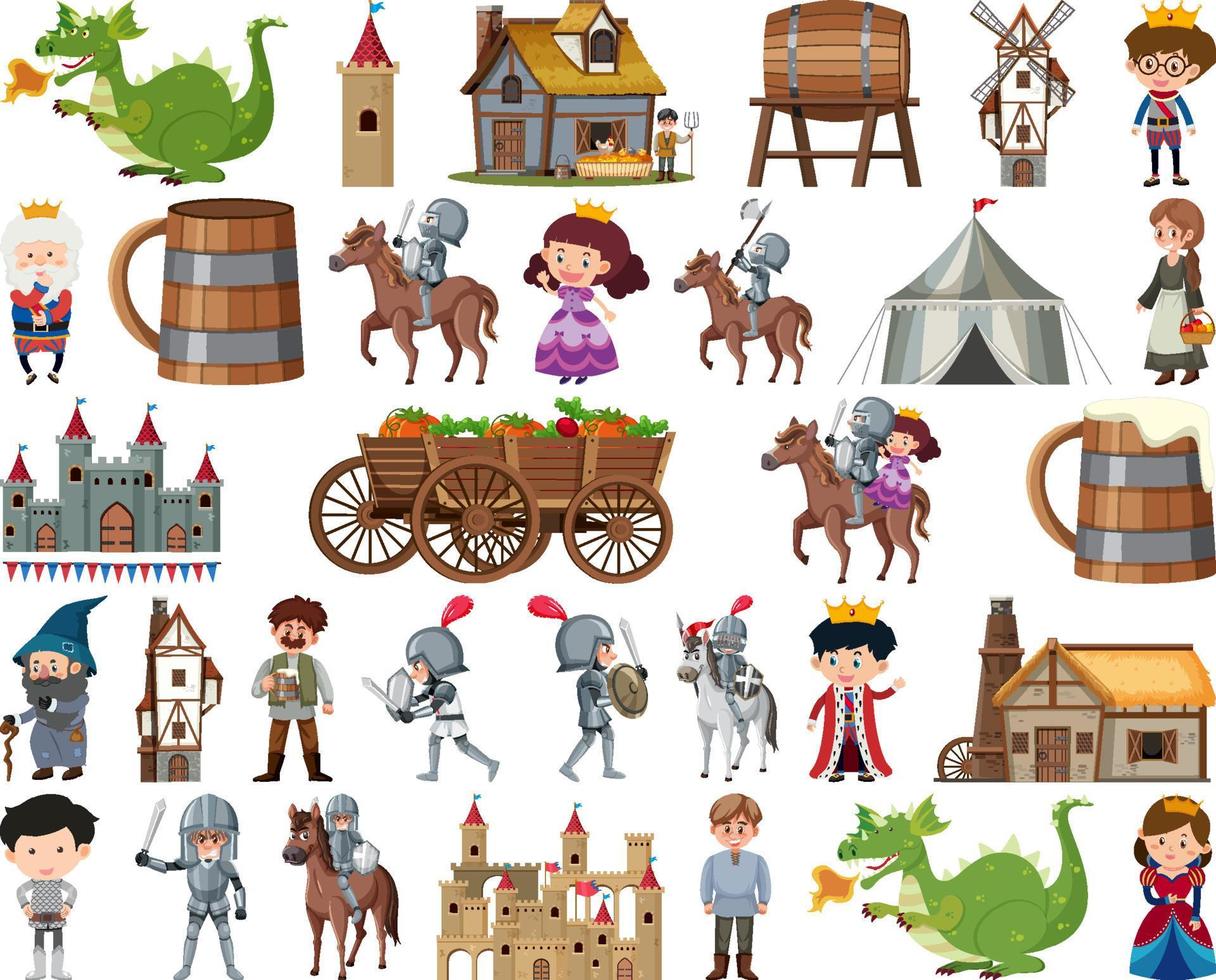 Medieval characters buildings set vector