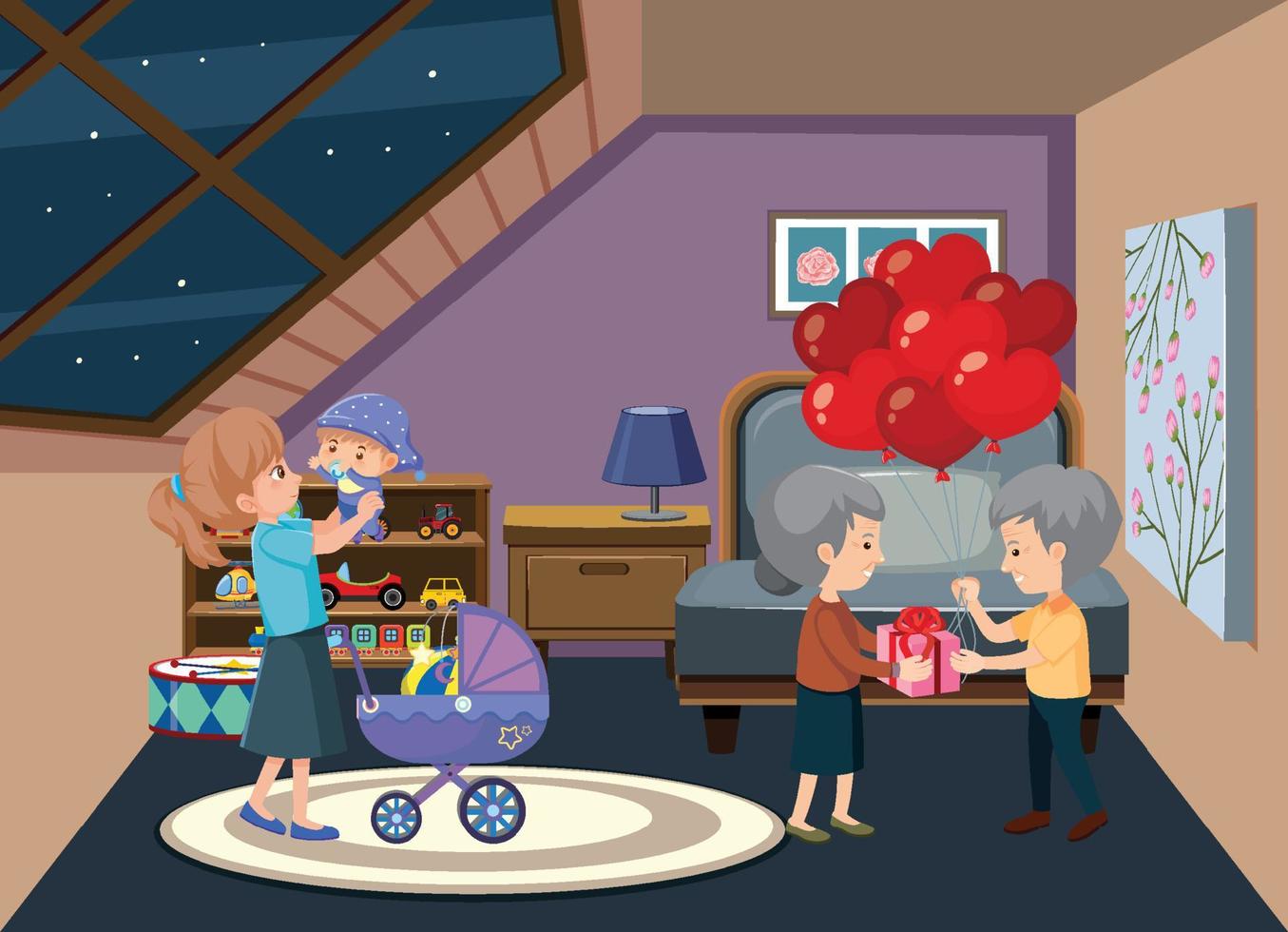 Garret room scene with family members vector