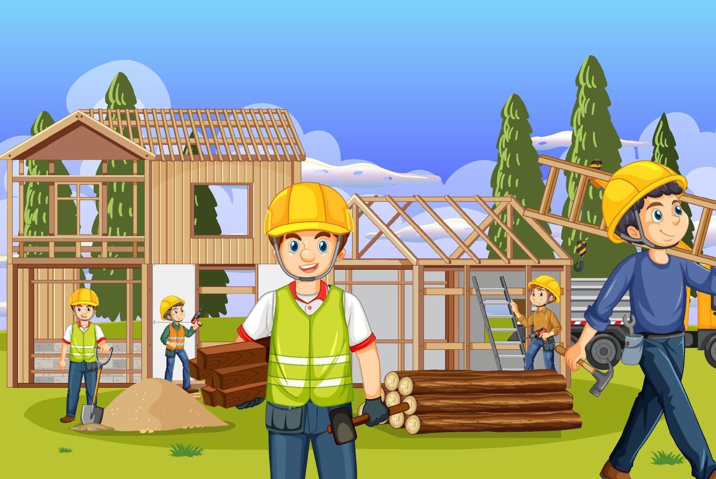 Building construction site with workers vector