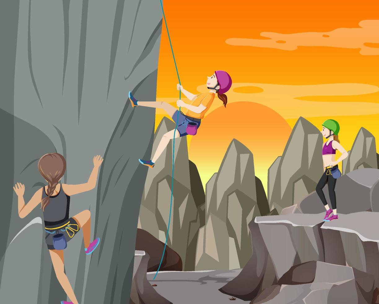 Rock climber on cliff at sunset time vector