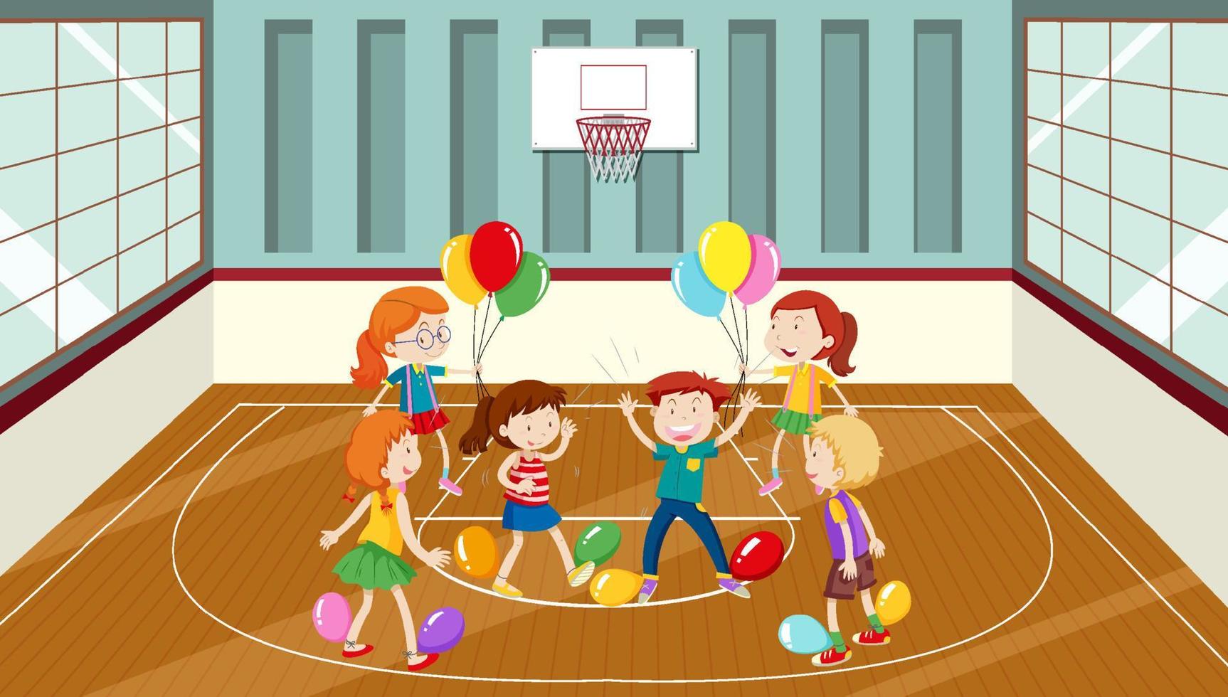 Kids doing physical activity with balloons vector