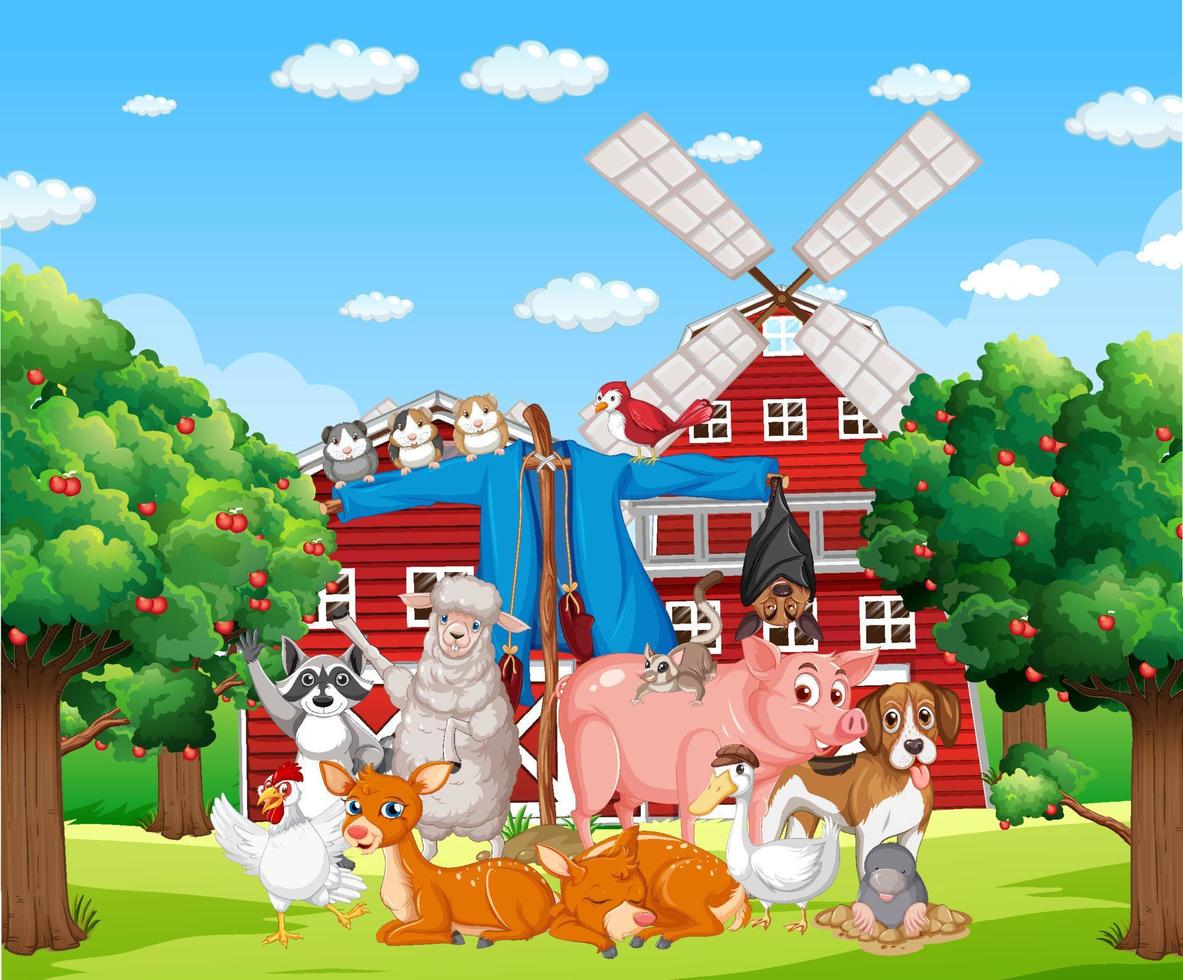 Farm scene with many animals vector