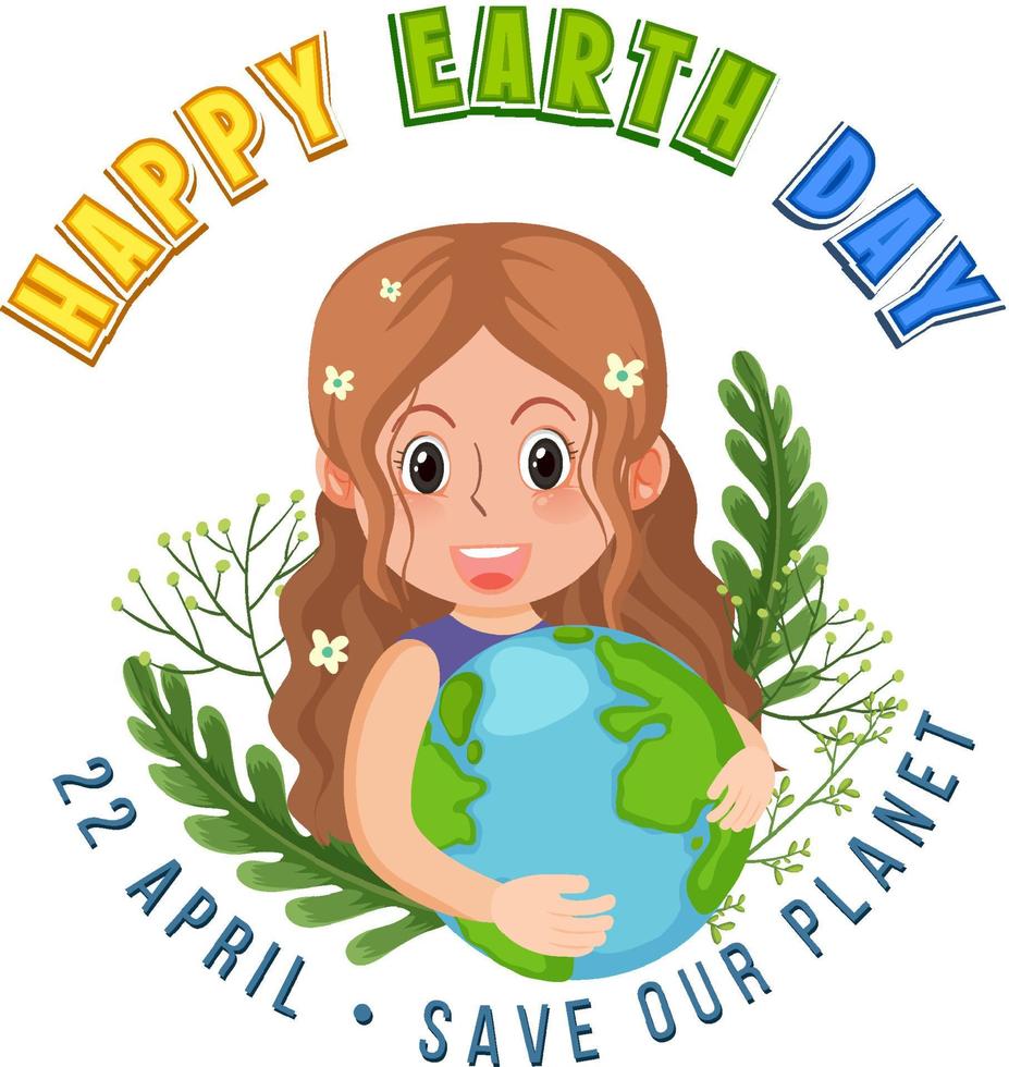 Happy earth day banner design with two girls hugging earth globe vector